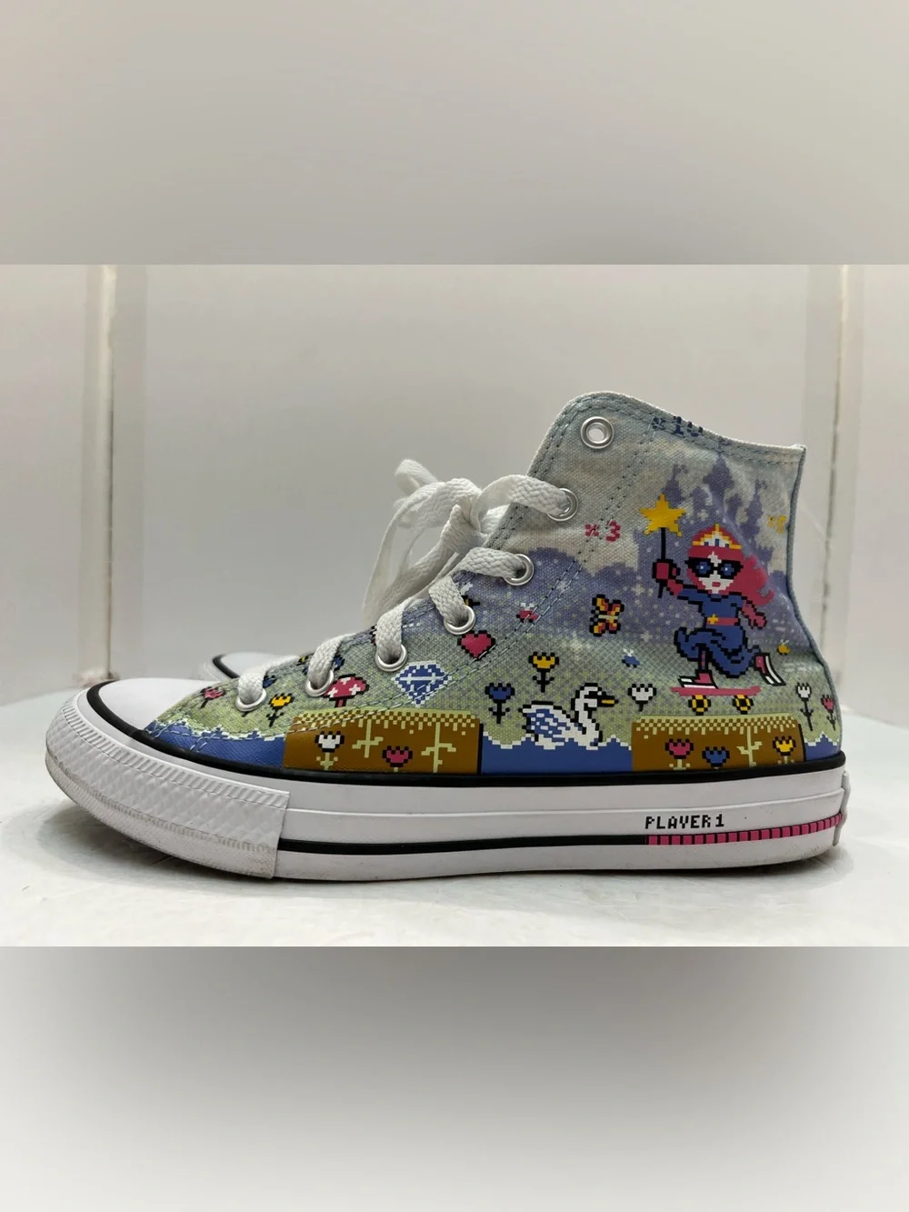 Converse Kids Light Blue High-Top Sneakers with Multicolor Floral Accents/Women7